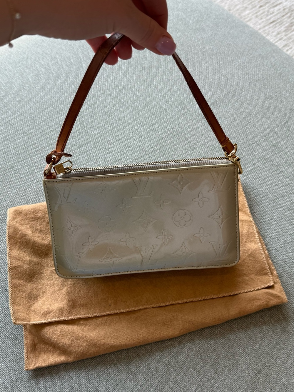 Louis Vuitton Cream Vernis Monogram Pochette Shoulder Bag with Brown Strap